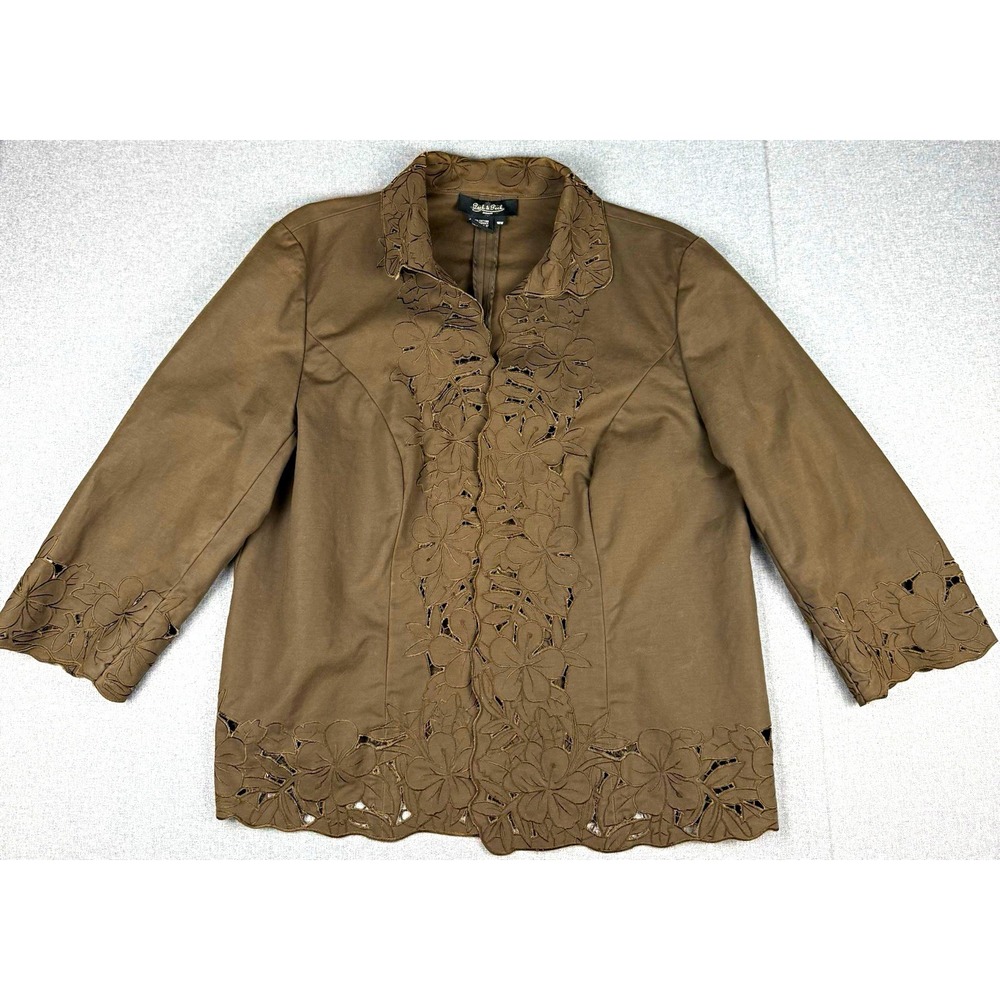 Peck & Peck Womens 16W Brown Floral Cutwork Embroidered Jacket Cotton Stretch